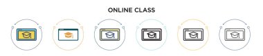Çevrimiçi sınıf simgesi doldurulmuş, ince çizgi, özet ve vuruş stili. İki renkli ve siyah çevrimiçi sınıf vektör ikonu tasarımı mobil, ui, web için kullanılabilir