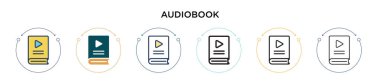 Audiobook simgesi doldurulmuş, ince çizgi, özet ve vuruş stili. Mobil, ui, web için iki renkli ve siyah sesli vektör ikonu tasarımı vektör illüstrasyonu kullanılabilir