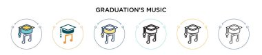 Mezuniyet, müzik ikonu. İnce çizgi, özet ve vuruş stili. İki renkli ve siyah mezuniyet müzik vektör simgelerinin vektör illüstrasyonu mobil, ui, web için kullanılabilir