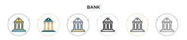 Banka sembolü simgesi dolu, ince çizgi, özet ve vuruş stili. Mobil, ui, web için iki renkli ve siyah banka vektör simgesi tasarımının vektör illüstrasyonu kullanılabilir