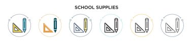 Okul malzemeleri ikonu, ince çizgi, özet ve vuruş stili. Mobil, ui, web için iki renkli ve siyah okul malzeme vektör ikonu tasarımı vektör illüstrasyonu kullanılabilir