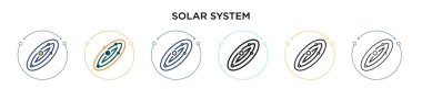 Güneş sistemi simgesi doldurulmuş, ince çizgi, ana hatlar ve vuruş stili. Mobil, ui, web için iki renkli ve siyah güneş sistemi vektör ikonu tasarımının vektör illüstrasyonu kullanılabilir