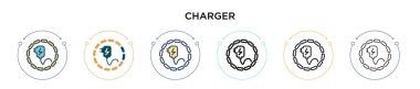 Şarj ikonu doldurulmuş, ince çizgi, özet ve vuruş stili. Mobil, ui, web için iki renkli ve siyah şarj vektör ikonu tasarımının vektör illüstrasyonu kullanılabilir