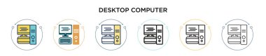 Masaüstü bilgisayar simgesi dolu, ince çizgi, özet ve vuruş stili. Mobil, ui, web için iki renkli ve siyah masaüstü bilgisayar vektör simgesi tasarımı vektör illüstrasyonu kullanılabilir