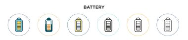 Batarya ikonu dolu, ince çizgi, ana hatlar ve vuruş stili. Mobil, ui, web için iki renkli ve siyah pil vektör ikonu tasarımı vektör illüstrasyonu kullanılabilir