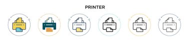 Yazıcı simgesi doldurulmuş, ince çizgi, özet ve vuruş stili. Mobil, ui, web için iki renkli ve siyah yazıcı vektör ikonu tasarımının vektör illüstrasyonu kullanılabilir