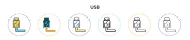 Usb simgesi doldurulmuş, ince çizgi, özet ve vuruş stili. Mobil, ui, web için iki renkli ve siyah usb vektör simgesinin vektör çizimi kullanılabilir