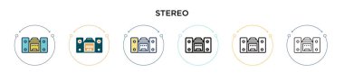 Stereo ikonu dolu, ince çizgi, özet ve vuruş stili. Mobil, ui, web için iki renkli ve siyah stereo vektör ikonu tasarımı vektör illüstrasyonu kullanılabilir