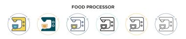 Yemek işlemcisi simgesi dolu, ince çizgi, ana hatlar ve vuruş stili. Mobil, ui, web için iki renkli ve siyah yiyecek işlemci vektör simgesi tasarımı vektör illüstrasyonu kullanılabilir