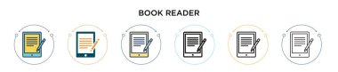 Kitap okuyucu simgesi doldurulmuş, ince çizgi, özet ve vuruş stili. Mobil, ui, web için iki renkli ve siyah kitap okuyucu vektör ikonu tasarımı vektör illüstrasyonu kullanılabilir