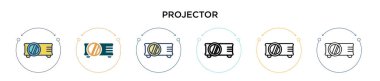 Projektör simgesi doldurulmuş, ince çizgi, özet ve vuruş stili. Mobil, ui, web için iki renkli ve siyah projektör vektör simgesi tasarımı kullanılabilir