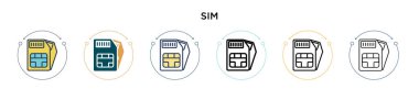 Sim simgesi doldurulmuş, ince çizgi, özet ve vuruş stili. Mobil, ui, web için iki renkli ve siyah simülasyon vektör simgesi tasarımı kullanılabilir