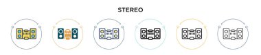 Stereo ikonu dolu, ince çizgi, özet ve vuruş stili. Mobil, ui, web için iki renkli ve siyah stereo vektör ikonu tasarımı vektör illüstrasyonu kullanılabilir