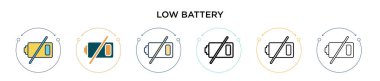 Düşük pil simgesi dolu, ince çizgi, özet ve vuruş stili. Mobil, ui, web için iki renkli ve siyah düşük pil vektör ikonu tasarımı vektör illüstrasyonu kullanılabilir