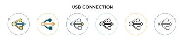 Usb bağlantı simgesi doldurulmuş, ince çizgi, özet ve vuruş stili. Mobil, ui, web için iki renkli ve siyah usb bağlantı vektör ikonu tasarımının vektör illüstrasyonu kullanılabilir