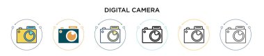 Dijital kamera simgesi doldurulmuş, ince çizgi, özet ve vuruş stili. Mobil, ui, web için iki renkli ve siyah dijital kamera vektör ikonu tasarımı vektör illüstrasyonu kullanılabilir