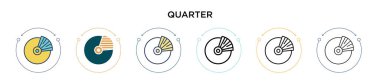 Çeyrek simge doldurulmuş, ince çizgi, özet ve vuruş stili. Mobil, ui, web için iki renkli ve siyah çeyrek vektör simgesinin vektör çizimi kullanılabilir