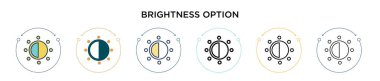 Parlaklık seçeneği simgesi doldurulmuş, ince çizgi, özet ve vuruş stili. Mobil, ui, web için iki renkli ve siyah parlaklık seçenekli vektör simgesi tasarımı vektör illüstrasyonu kullanılabilir