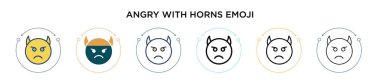 Boynuz simgesiyle dolu, ince çizgi halinde, ana hatlarıyla ve vuruş tarzıyla kızgın. Boynuz emoji vektör simgeleri ile kızgın iki renkli ve siyah rengin vektör illüstrasyonu mobil, ui, web için kullanılabilir