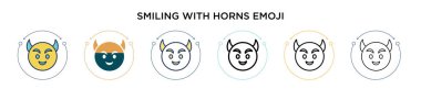 Boynuz simgesiyle gülümsüyor. Dopdolu, ince çizgi halinde, ana hatlarıyla ve vuruş stiliyle. Boynuz emoji vektör simgeleri ile gülümseyen iki renkli ve siyah rengin vektör illüstrasyonu mobil, ui, web için kullanılabilir