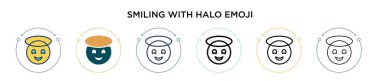 Halo emoji ikonu ile gülümsüyor, ince çizgi, çizgi ve çizgi şeklinde. Halio emoji vektör simgeleriyle gülümseyen iki renkli ve siyahın vektör illüstrasyonu mobil, ui, web için kullanılabilir