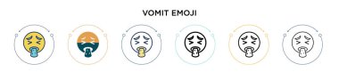 İçi doldurulmuş, ince çizgi halinde kusmuk emoji ikonu, ana hatlar ve vuruş stili. Mobil, ui, web için iki renkli kusmuk emoji vektör simgesi tasarımı vektör illüstrasyonu kullanılabilir