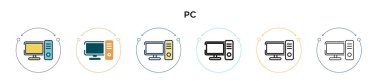 Bilgisayar simgesi dolu, ince çizgi, özet ve vuruş stili. Mobil, ui, web için iki renkli ve siyah pc vektör simgesinin vektör çizimi kullanılabilir
