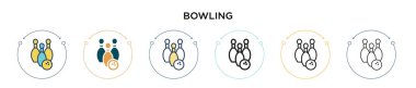 Bowling ikonu dolu, ince çizgi, ana hatlar ve vuruş stili. Mobil, ui, web için iki renkli ve siyah bovling vektör ikonu tasarımı vektör illüstrasyonu kullanılabilir