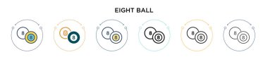 Sekiz top ikonu doldurulmuş, ince çizgi, ana hatlar ve vuruş stili. Mobil, ui, web için iki renkli ve siyah sekiz top vektör ikonu tasarımı vektör illüstrasyonu kullanılabilir