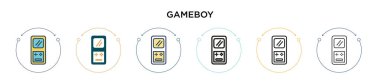 Gameboy simgesi doldurulmuş, ince çizgi, özet ve vuruş stili. Mobil, ui, web için iki renkli ve siyah Gameboy vektör ikonu tasarımı vektör illüstrasyonu kullanılabilir