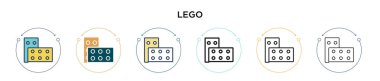 Lego ikonu dolu, ince çizgi, özet ve vuruş stili. Mobil, ui, web için iki renkli ve siyah lego vektör ikonu tasarımının vektör illüstrasyonu kullanılabilir