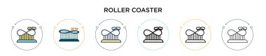 Roller coaster ikonu dolu, ince çizgi, ana hatlar ve vuruş stili. Mobil, ui, web için iki renkli ve siyah roller coaster vektör ikonu tasarımı vektör illüstrasyonu kullanılabilir