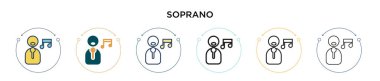 Soprano ikonu doldurulmuş, ince çizgi, özet ve vuruş stili. Mobil, ui, web için iki renkli ve siyah soprano vektör simgesinin vektör çizimi kullanılabilir