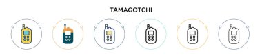 Tamagotchi simgesi doldurulmuş, ince çizgi, özet ve vuruş stili. Mobil, ui, web için iki renkli ve siyah tamagotchi vektör ikonu tasarımı vektör illüstrasyonu kullanılabilir