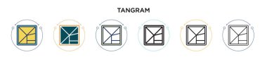 Tangram simgesi dolu, ince çizgi, özet ve vuruş stili. Mobil, ui, web için iki renkli ve siyah tangram vektör ikonu tasarımı vektör illüstrasyonu kullanılabilir