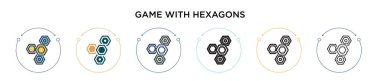Altıgen simgesi dolu, ince çizgi halinde, ana hatlarıyla ve vuruş tarzıyla oyun. Altıgen vektör simgeleri olan iki renkli ve siyah oyunun vektör illüstrasyonu mobil, ui, web için kullanılabilir