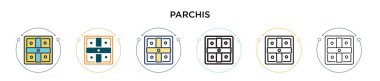 Parchis simgesi doldurulmuş, ince çizgi, ana hatlar ve vuruş stili. Mobil, ui, web için iki renkli ve siyah parşömen vektör ikonu tasarımının vektör illüstrasyonu kullanılabilir