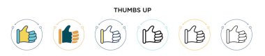 Dolu, ince çizgi, özet ve vuruş tarzında başparmaklar yukarı. İki renkli ve siyah başparmağın vektör simgeleri tasarımı mobil, ui, web için kullanılabilir