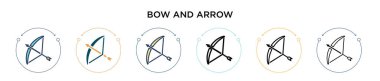 Yay ve ok simgesi dolu, ince çizgi, çizgi ve çizgi şeklinde. Mobil, ui, web için iki renkli ve siyah yay ve ok vektör ikonu tasarımının vektör illüstrasyonu kullanılabilir
