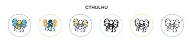 Cthulhu simgesi dolu, ince çizgi, özet ve vuruş stili. Mobil, ui, web için iki renkli ve siyah Cthulhu vektör ikonu tasarımı vektör illüstrasyonu kullanılabilir