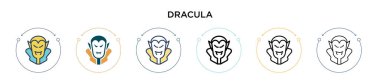 Drakula simgesi doldurulmuş, ince çizgi, özet ve vuruş stili. Mobil, ui, web için iki renkli ve siyah drakula vektör ikonu tasarımı vektör illüstrasyonu kullanılabilir