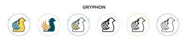 Gryphon simgesi dolu, ince çizgi, özet ve vuruş stili. Mobil, ui, web için iki renkli ve siyah gryphon vektör ikonu tasarımının vektör illüstrasyonu kullanılabilir