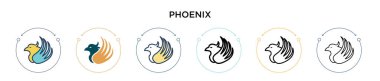 Anka ikonu doldurulmuş, ince çizgi, özet ve vuruş stili. Mobil, ui, web için iki renkli ve siyah Phoenix vektör ikonu tasarımı vektör illüstrasyonu kullanılabilir