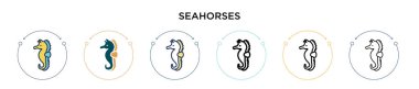 Deniz atları simgesi doldurulmuş, ince çizgi, ana hatlar ve vuruş stili. Mobil, ui, web için iki renkli ve siyah deniz atı vektör simgeleri tasarımı vektör illüstrasyonu kullanılabilir