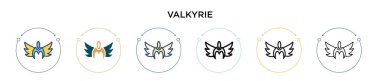 Valkyrie simgesi dolu, ince çizgi, özet ve vuruş stili. Mobil, ui, web için iki renkli ve siyah valkyrie vektör ikonu tasarımı vektör illüstrasyonu kullanılabilir