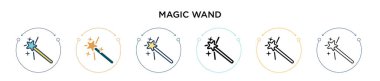 Sihirli çubuk simgesi dolu, ince çizgi, özet ve vuruş stili. Mobil, ui, web için iki renkli ve kara büyü vektör ikonu tasarımı vektör illüstrasyonu kullanılabilir