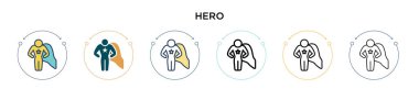 Kahraman ikonu dolu, ince çizgi, özet ve vuruş stili. Mobil, ui, web için iki renkli ve siyah kahraman vektör ikonlarının vektör çizimi kullanılabilir