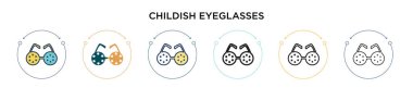 Çocuksu gözlük simgesi doldurulmuş, ince çizgi, ana hatlar ve vuruş stili. Mobil, ui, web için iki renkli ve siyah gözlük vektör ikonu tasarımı vektör illüstrasyonu kullanılabilir