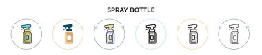Sprey şişe ikonu doldurulmuş, ince çizgi, ana hatlar ve vuruş stili. Mobil, ui, web için iki renkli ve siyah sprey şişe vektör ikonu tasarımı vektör illüstrasyonu kullanılabilir