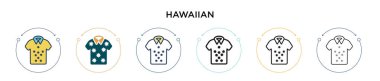 Hawaii ikonu dolu, ince çizgi, özet ve vuruş stili. Mobil, ui, web için iki renkli ve siyah Hawaii vektör simgelerinin vektör çizimi kullanılabilir